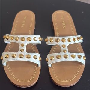 Prada White Gold Studded Slide Sandals